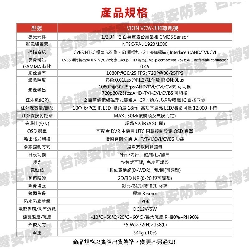AHD 1080P 攝影機 2MP 防水 監視器 監控 鏡頭 適 200萬 5MP 4路 8路 DVR 昇銳 台灣晶相-細節圖7