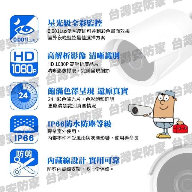 1080P 星光全彩 攝影機 低照度 2MP 防水 監視器 監控 鏡頭 適 AHD TVI 200萬 昇銳 DVR 4路-細節圖5