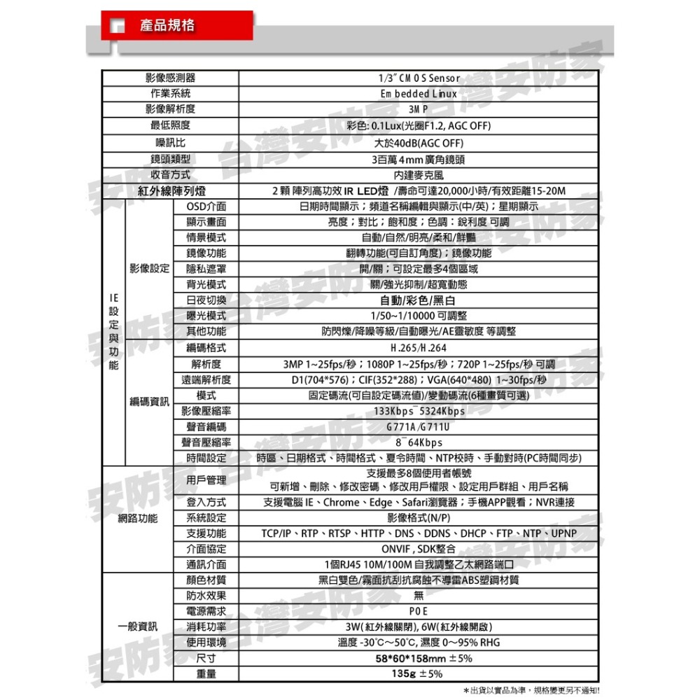 POE IP 3MP 網路 防水 監視器 攝影機 含收音 麥克風 適 300萬 500萬 NVR DVR 4路 8路-細節圖7