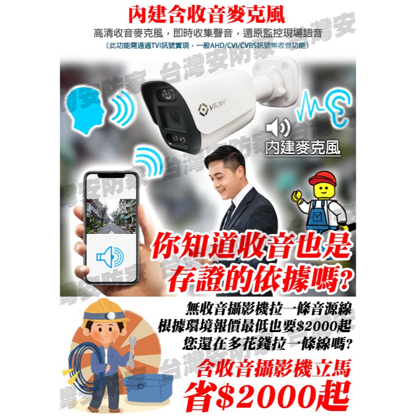 5MP 含收音 全彩 監視器 攝影機 暖光 同軸音頻 500萬 鏡頭 適 監控 DVR 4路 8路 16路 昇銳 主機-細節圖7