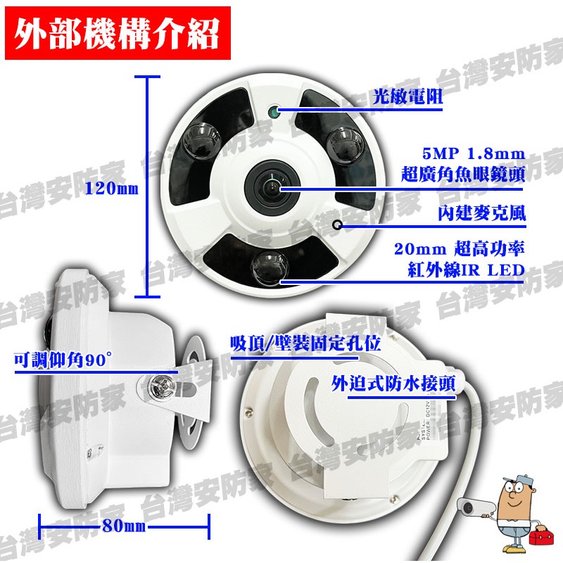 5MP 超廣角 收音 攝影機 同軸音頻 鏡頭 AHD TVI 魚眼 180度 全景 紅外線 攝影機 監視器 適 昇銳-細節圖2