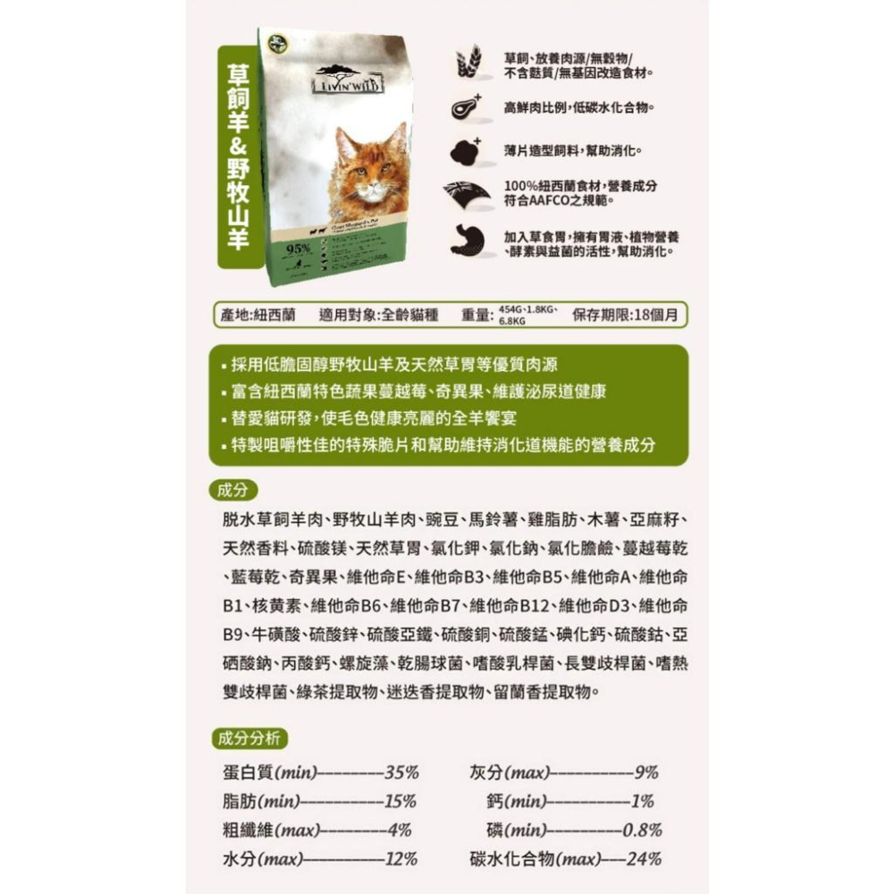 ✅貓狗好時光【Livin＇ Wild 野宴 貓飼料】紐西蘭 草飼無穀 全齡貓 貓飼料 貓乾糧【15lb】大包-細節圖6