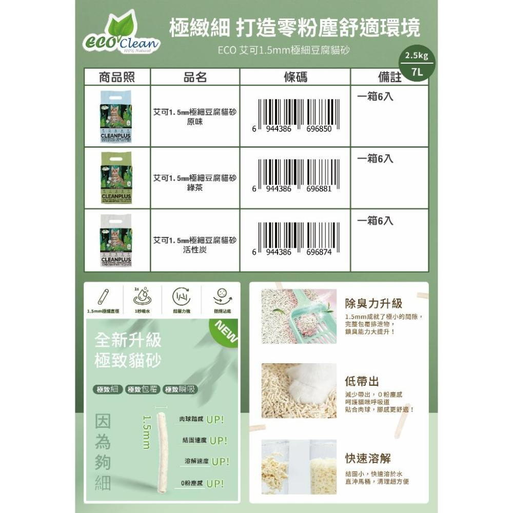 ✅貓狗好時光【Eco Clean 艾可1.5mm極細豆腐貓砂】極細直徑 迅速結團 秒吸水 7L(2.5kg)-細節圖2