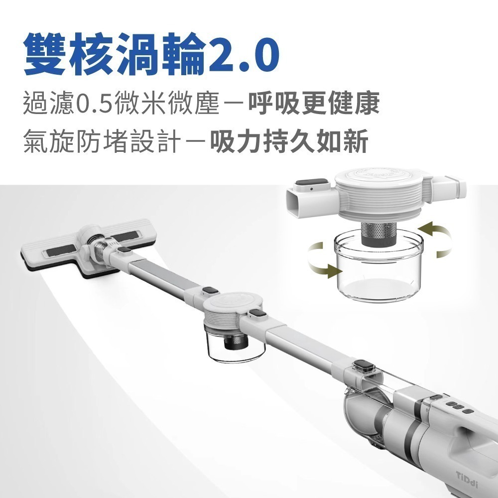 TiDdi 雙氣旋無線除蟎吸塵器(S360) 強吸力/多功能充電收納座/360度伸縮軟管/極輕量/吸吹兩用-細節圖2