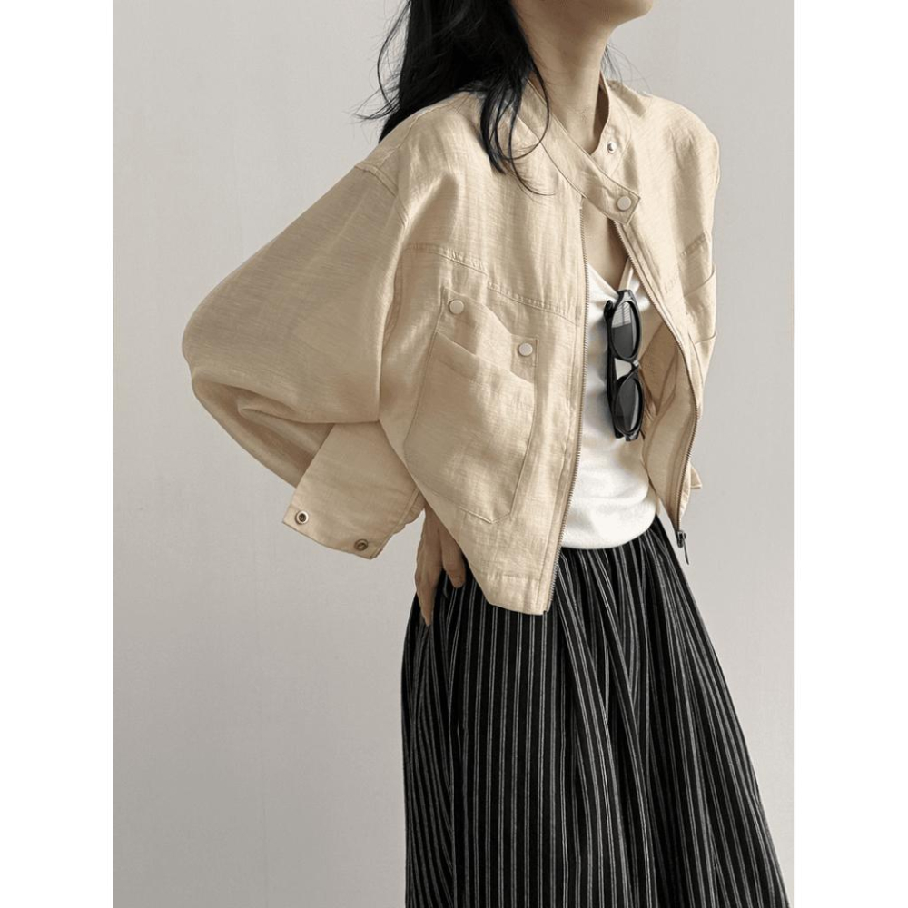 貓町選品🐯【Y3183】台灣現貨 白款已補貨 實拍春夏簡約立領天絲亞麻外套（含亞麻6％）-細節圖4