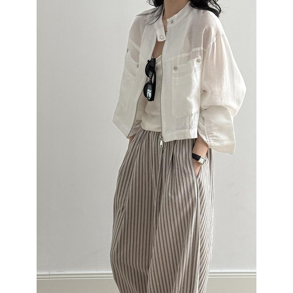 貓町選品🐯【Y3183】台灣現貨 白款已補貨 實拍春夏簡約立領天絲亞麻外套（含亞麻6％）-細節圖5