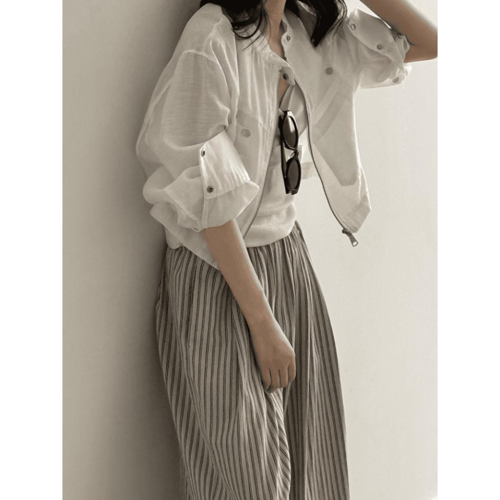 貓町選品🐯【Y3183】台灣現貨 白款已補貨 實拍春夏簡約立領天絲亞麻外套（含亞麻6％）-細節圖6