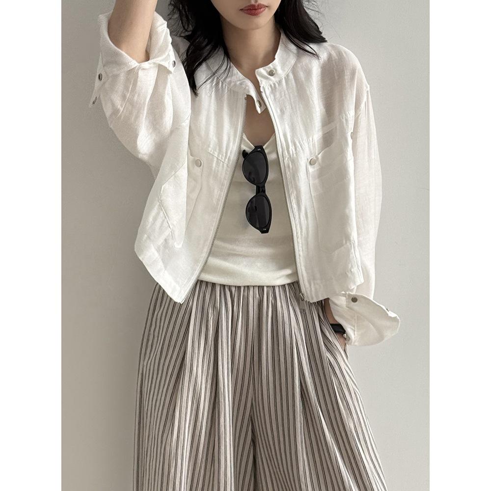 貓町選品🐯【Y3183】台灣現貨 白款已補貨 實拍春夏簡約立領天絲亞麻外套（含亞麻6％）-細節圖7
