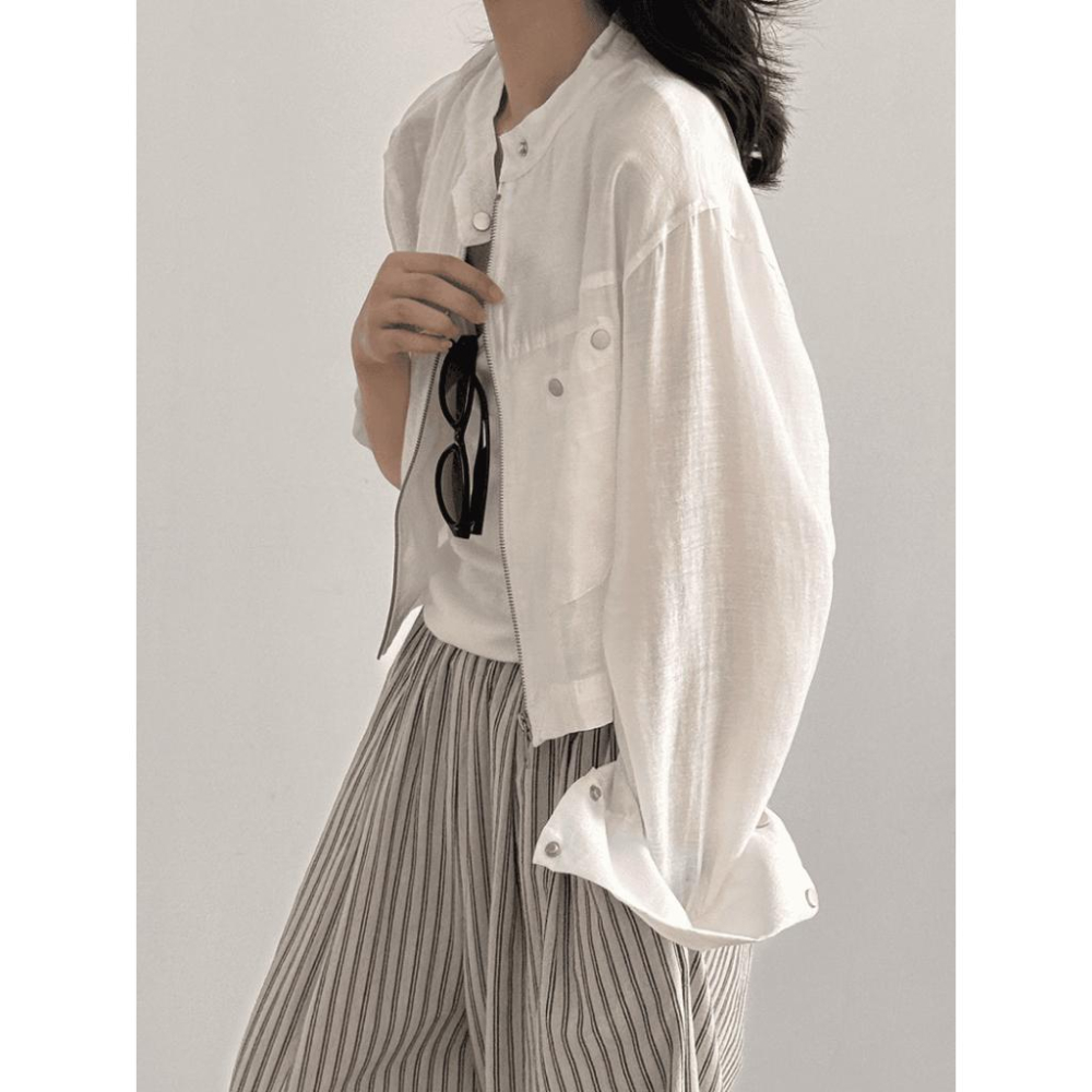 貓町選品🐯【Y3183】台灣現貨 白款已補貨 實拍春夏簡約立領天絲亞麻外套（含亞麻6％）-細節圖8