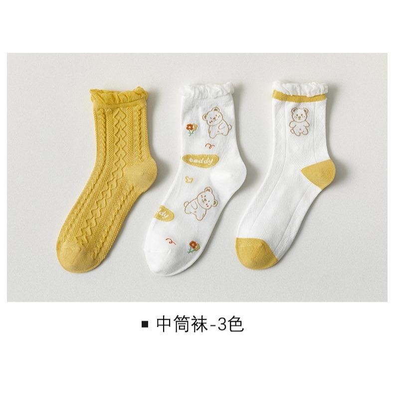 貓町日韓代購🐯現貨 女生 襪子 春秋款 小熊 花邊中筒襪 日系甜美-細節圖2