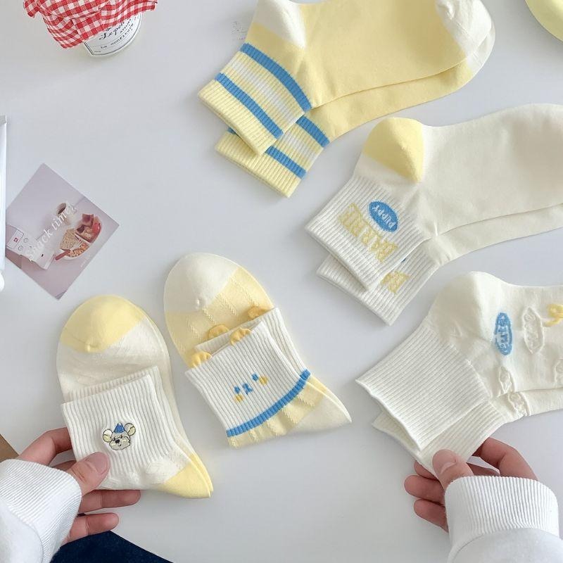 貓町日韓代購🐯日系奶黄色纯棉短襪春夏季薄款 少女學生襪-細節圖2