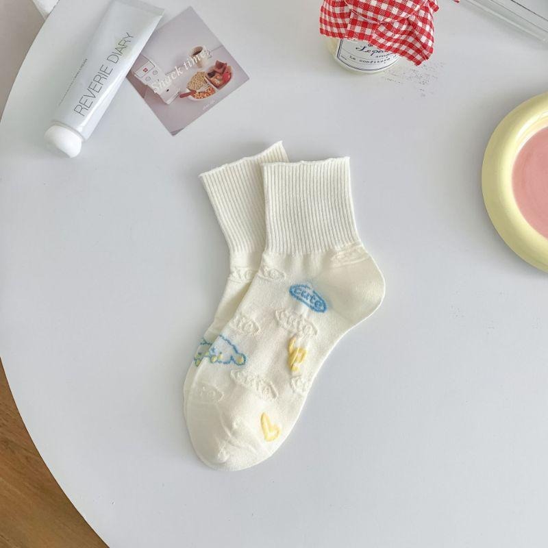 貓町日韓代購🐯日系奶黄色纯棉短襪春夏季薄款 少女學生襪-細節圖6