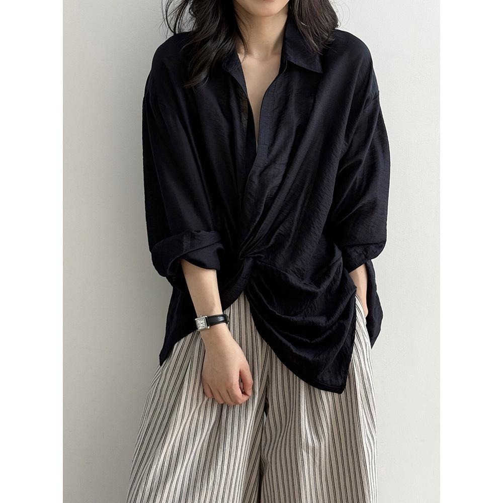 貓町選品🐯現貨【Y82226】實拍夏季個性小眾紐結不規則襯衫-細節圖3