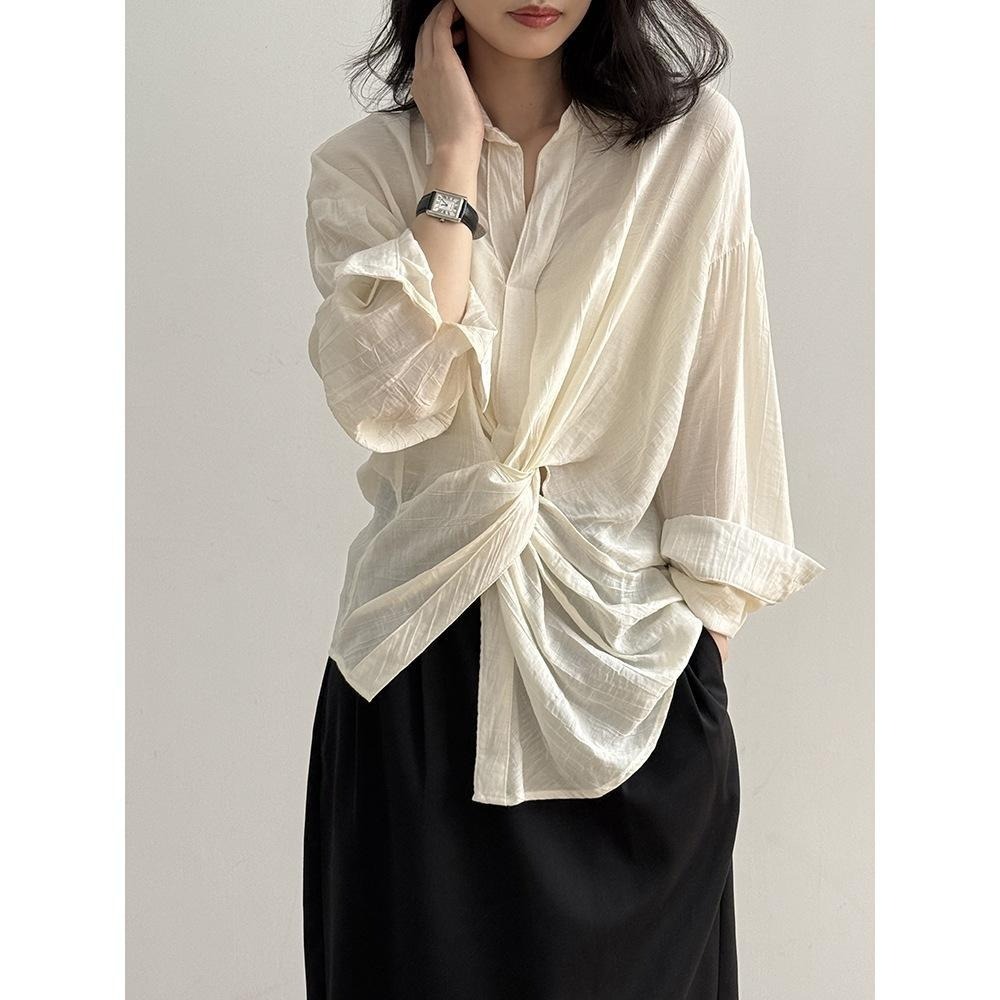貓町選品🐯現貨【Y82226】實拍夏季個性小眾紐結不規則襯衫-細節圖7