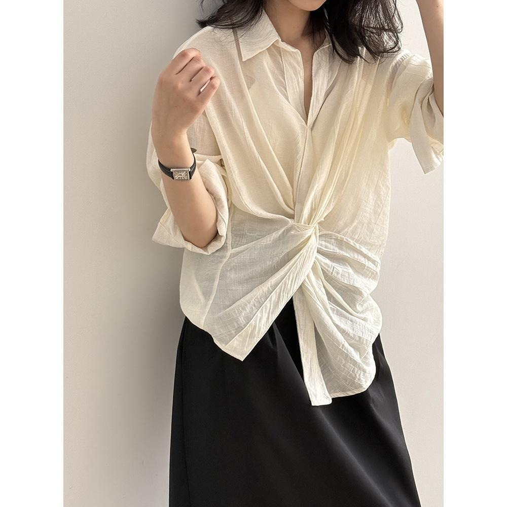 貓町選品🐯現貨【Y82226】實拍夏季個性小眾紐結不規則襯衫-細節圖8