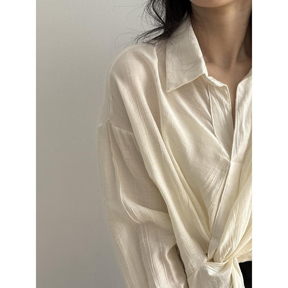 貓町選品🐯現貨【Y82226】實拍夏季個性小眾紐結不規則襯衫-細節圖9