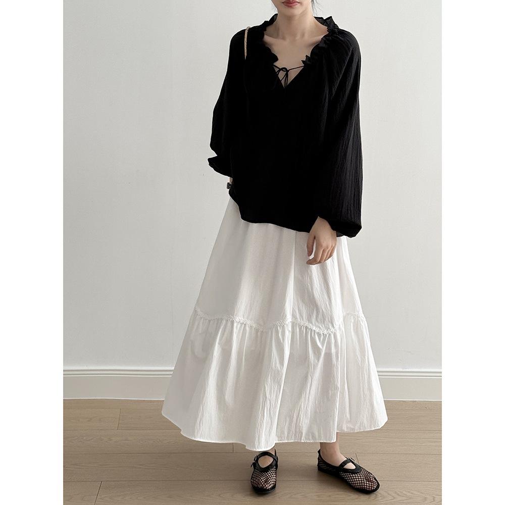 貓町選品🐯【YH8155】白色現貨 黑色預購 實拍夏季漂亮法式花邊a字傘裙-細節圖3