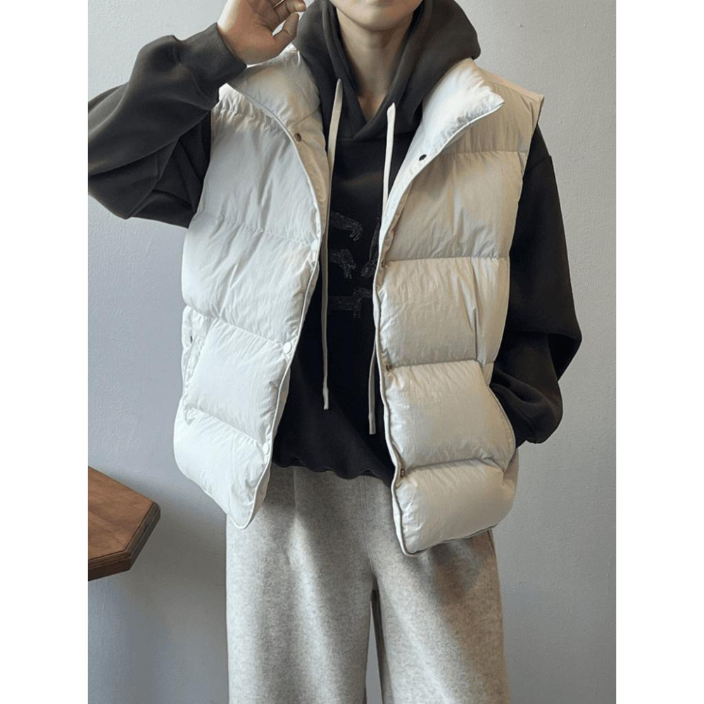 貓町選品🐯台灣現貨 米白色M【Y82160】實拍簡約立領加厚寬鬆棉背心外套-細節圖5