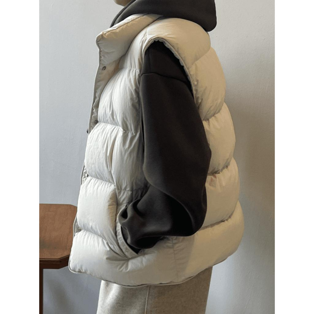 貓町選品🐯台灣現貨 米白色M【Y82160】實拍簡約立領加厚寬鬆棉背心外套-細節圖6