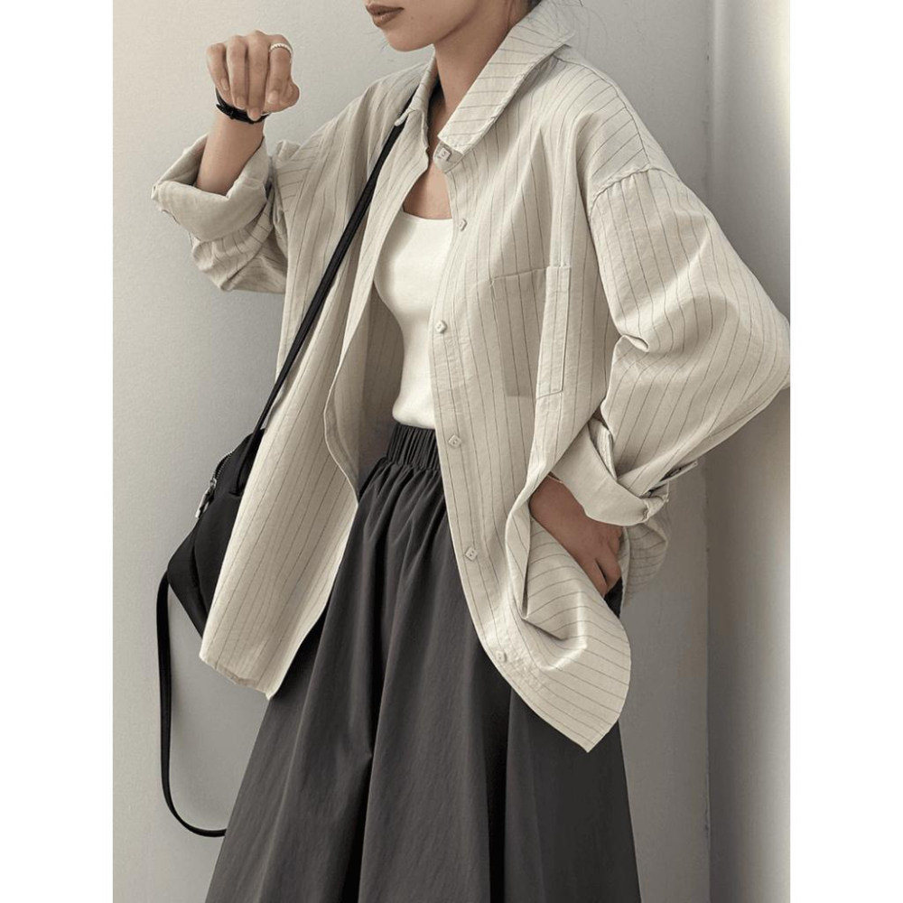 貓町選品🐯台灣現貨【Y82205】實拍韓國春夏氣質休閒條紋襯衫-細節圖2