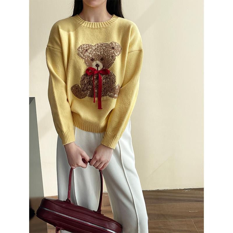 貓町選品🐯現貨 白，黃各一件實拍下雪小熊蝴蝶結針織毛衣cimMB689-細節圖2