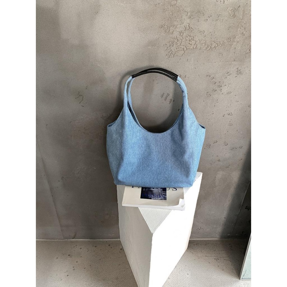 貓町選品🐯<預>B006韓系簡約丹寧托特包 牛仔布肩背手提兩用包 通勤大容量軟質包包 日系質感帆布袋-細節圖6