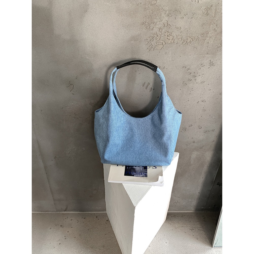 貓町選品🐯<預>B006韓系簡約丹寧托特包 牛仔布肩背手提兩用包 通勤大容量軟質包包 日系質感帆布袋-規格圖9