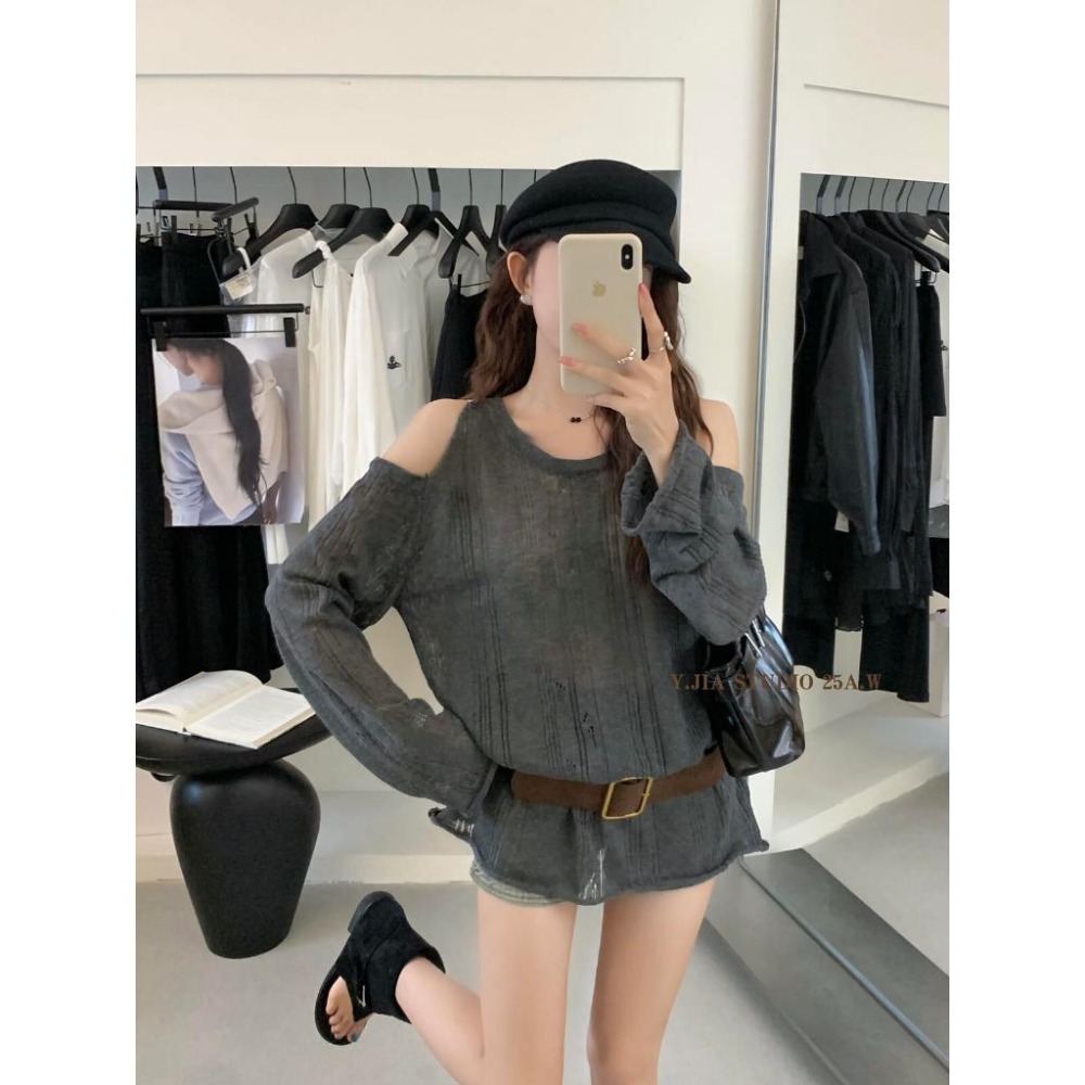 貓町選品🐯J3002 【配腰帶】防曬背心女 夏季寬鬆露肩上衣 文藝慵懶風 輕薄透氣防曬罩衫 深灰/灰綠/米白/黃色-細節圖2