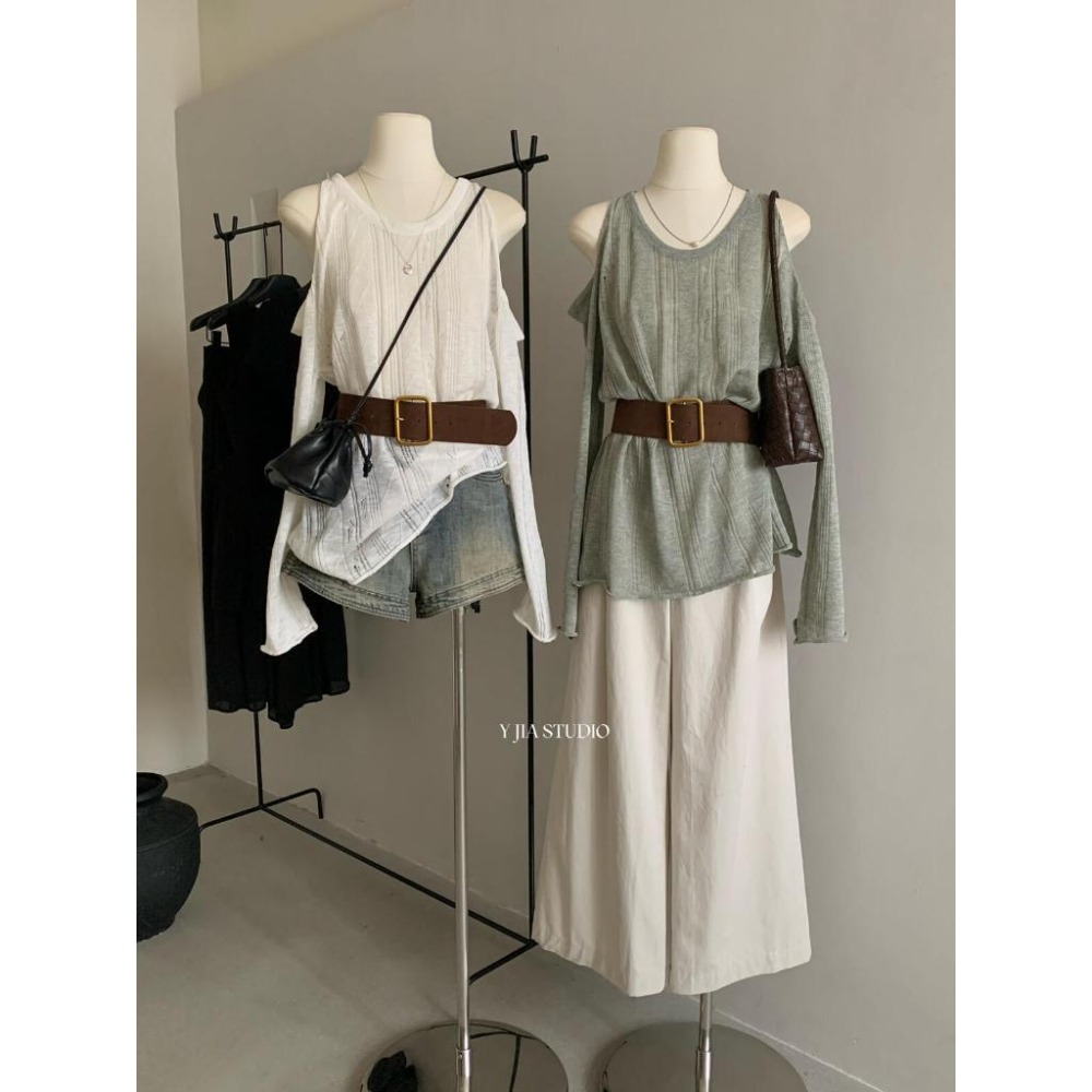 貓町選品🐯J3002 【配腰帶】防曬背心女 夏季寬鬆露肩上衣 文藝慵懶風 輕薄透氣防曬罩衫 深灰/灰綠/米白/黃色-細節圖4