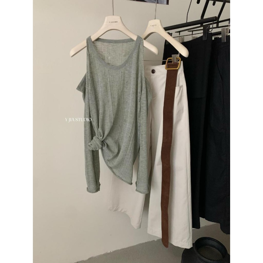 貓町選品🐯J3002 【配腰帶】防曬背心女 夏季寬鬆露肩上衣 文藝慵懶風 輕薄透氣防曬罩衫 深灰/灰綠/米白/黃色-細節圖5