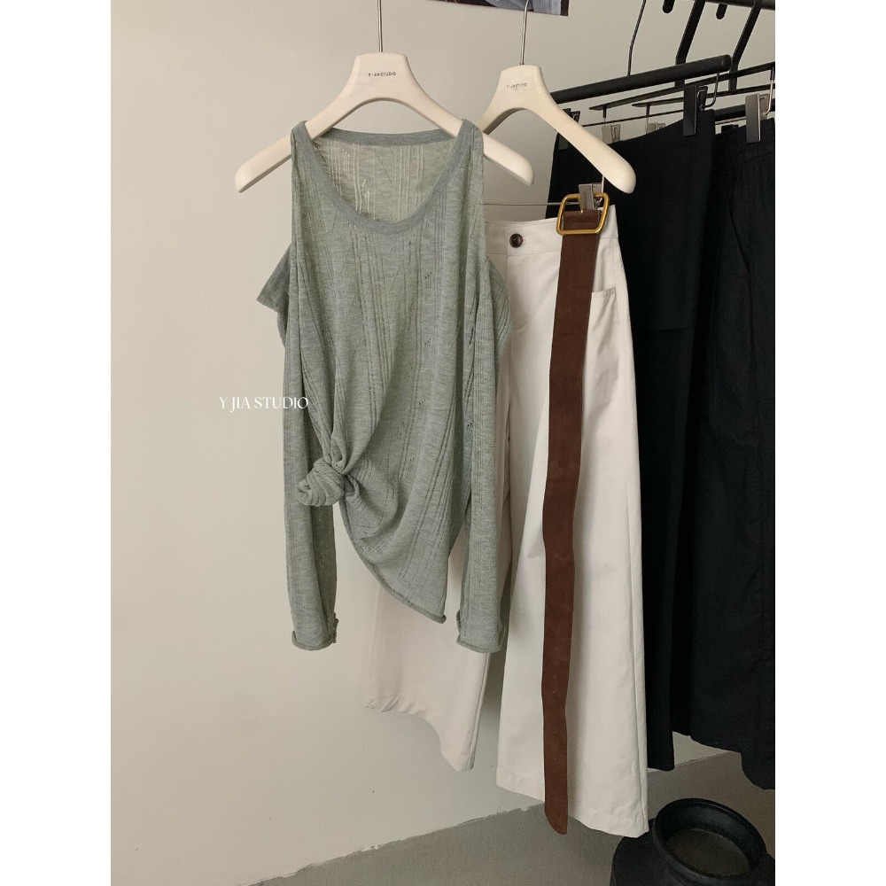 貓町選品🐯J3002 【配腰帶】防曬背心女 夏季寬鬆露肩上衣 文藝慵懶風 輕薄透氣防曬罩衫 深灰/灰綠/米白/黃色-規格圖9