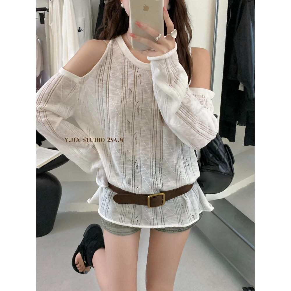 貓町選品🐯J3002 【配腰帶】防曬背心女 夏季寬鬆露肩上衣 文藝慵懶風 輕薄透氣防曬罩衫 深灰/灰綠/米白/黃色-規格圖9