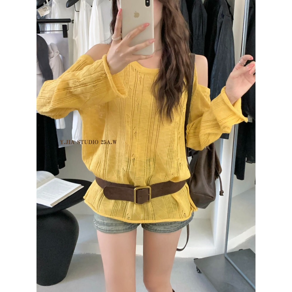 貓町選品🐯J3002 【配腰帶】防曬背心女 夏季寬鬆露肩上衣 文藝慵懶風 輕薄透氣防曬罩衫 深灰/灰綠/米白/黃色-規格圖9