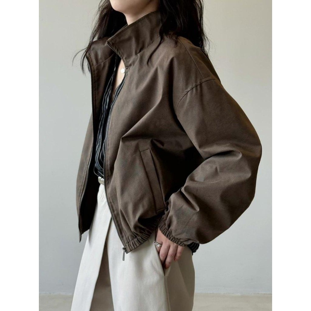貓町選品🐯【質感加分】Y26286 秋季 麂皮短外套 女 寬鬆休閒棒球夾克 韓系百搭防風外套 咖啡色-細節圖2