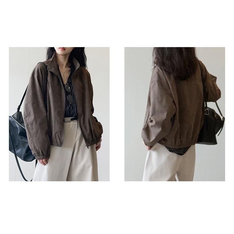 貓町選品🐯【質感加分】Y26286 秋季 麂皮短外套 女 寬鬆休閒棒球夾克 韓系百搭防風外套 咖啡色-細節圖7