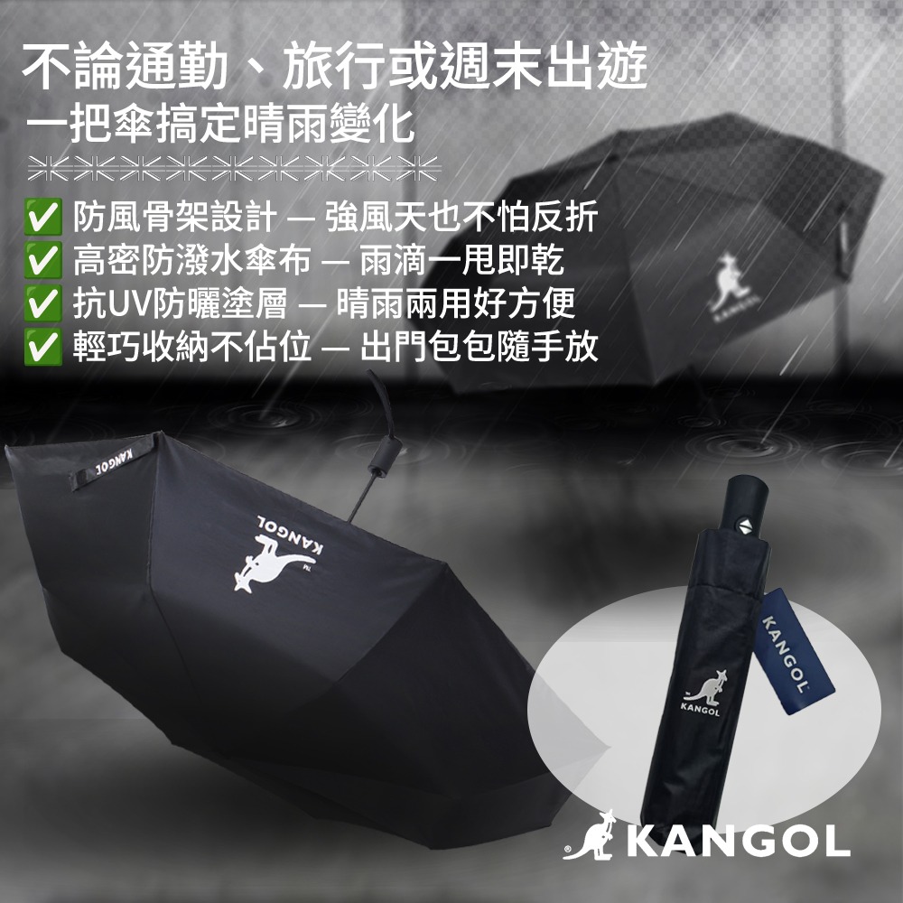 【輕鬆購精品百貨】KANGOL 英國袋鼠自動傘 晴雨傘 黑-細節圖2