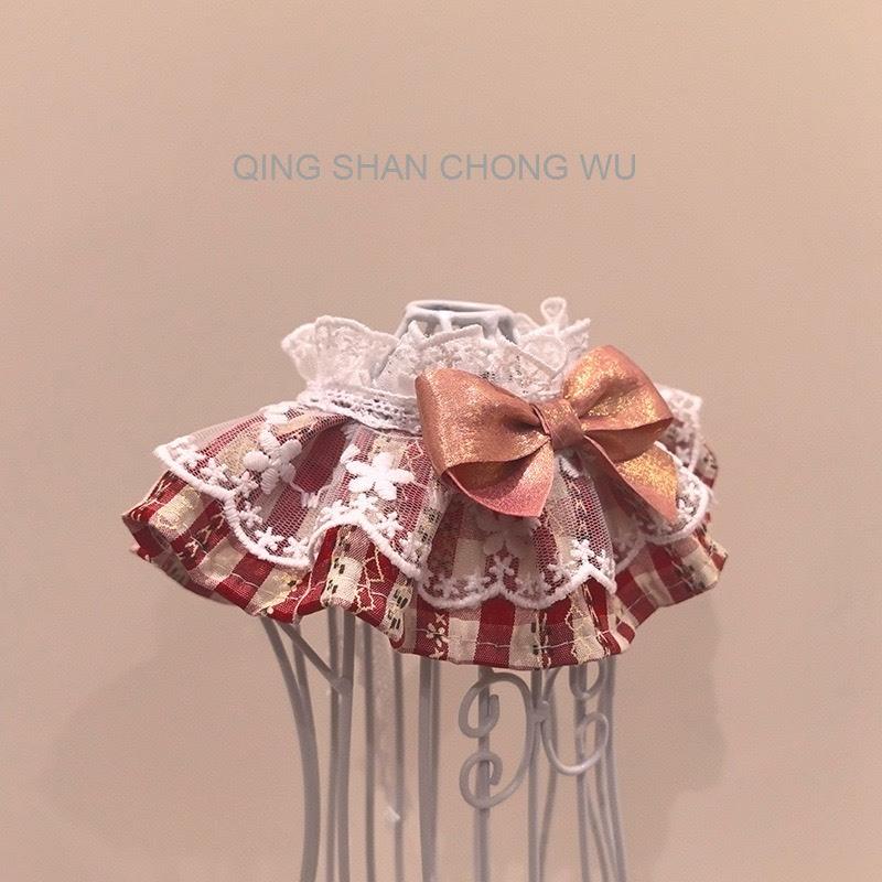 #現貨快速出貨【青衫寵物】原創 ◆ 紅色蝴蝶結格紋花邊蕾絲口水巾、領巾寵物貓咪狗狗頸部裝飾衣服圍脖-細節圖2