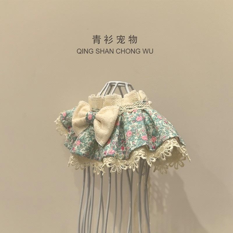 #現貨快速出貨【青衫寵物】原創 ◆ 復古綠底粉玫瑰蕾絲口水巾、領巾寵物貓咪狗狗頸部裝飾衣服圍脖-細節圖2