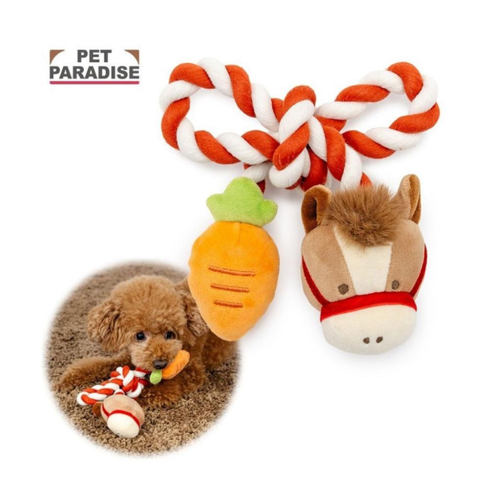 現貨 [ PET PARADISE ] 正版日本連線商品小馬+胡蘿蔔繩結BB叫玩具中小型犬玩具組拉扯拔河玩具-細節圖3