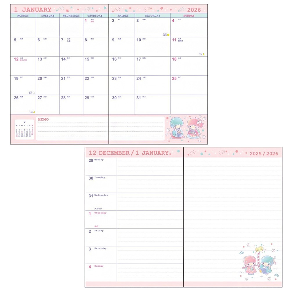 現貨- 日本 三麗鷗B6手帳 酷洛米 布丁狗 大耳狗 雙星仙子 附貼紙 2026 日誌 月間手帳 行事曆 筆記本日本製-細節圖10