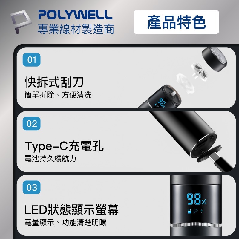 POLYWELL 充電式電動刮鬍刀 USB-C充電 LED螢幕狀態顯示 誤觸保護 清潔通知 快拆設計-細節圖6