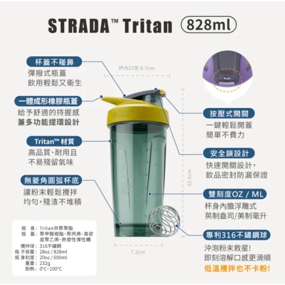 ❗️特價我最便宜！好市多代購❤️Blender Bottle按壓防漏搖搖杯Strada Tritan 828ml 2入組-細節圖3