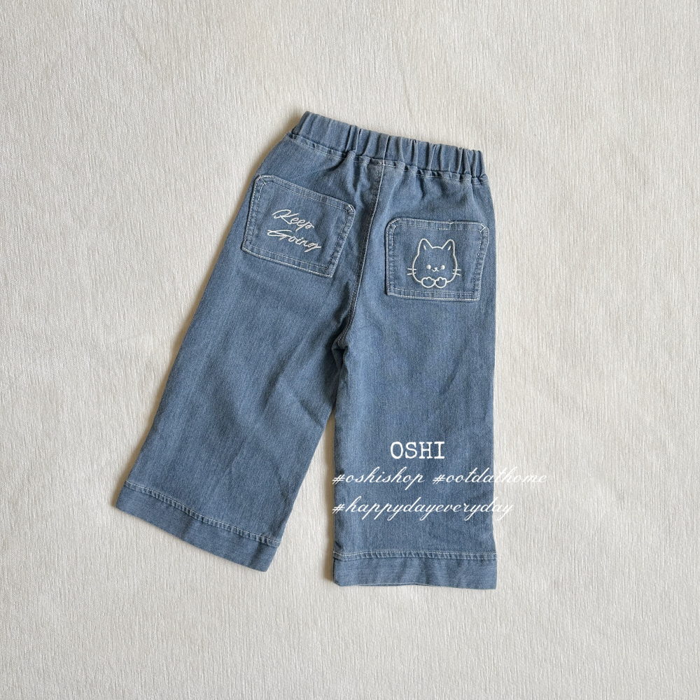 U718  貓咪刺繡寬版牛仔褲-細節圖2