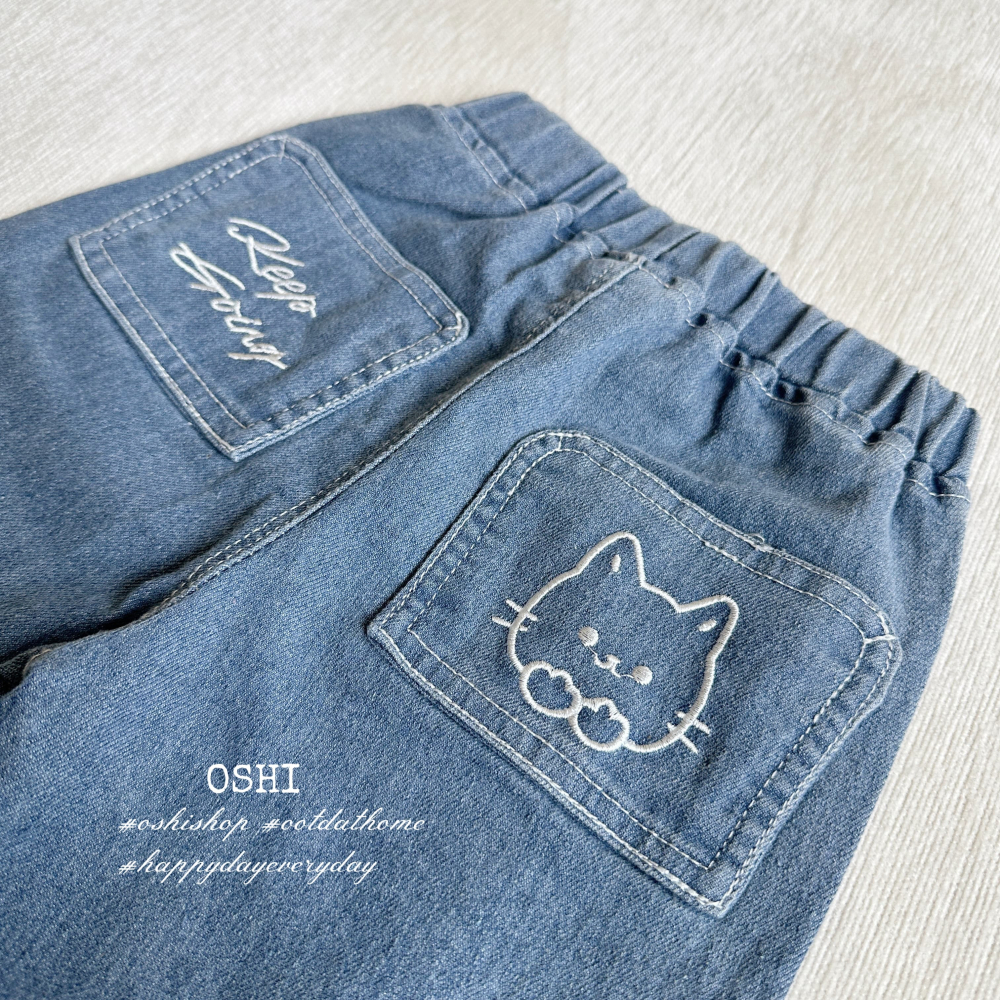 U718  貓咪刺繡寬版牛仔褲-細節圖3