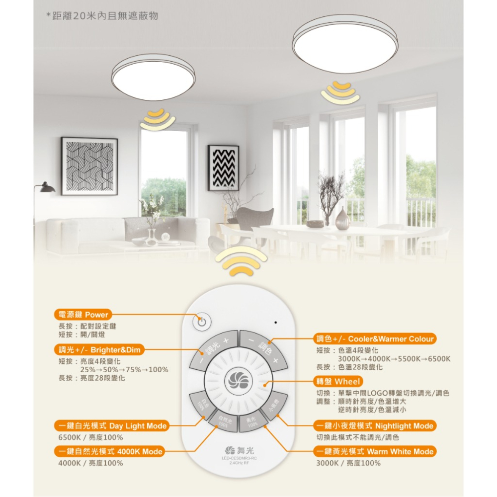 舞光 星鑽和風遙控吸頂燈 壁切 28段調光+28段調色 小夜燈 LED-CES30DMR3LW (含發票)-細節圖3