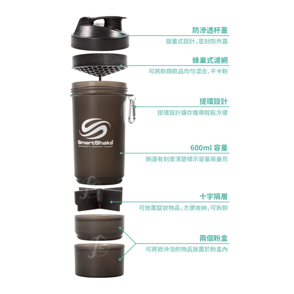 【容量600ml/20oz】多功能搖搖杯／運動搖搖杯／運動水壺／乳清蛋白搖搖杯／SmartShake-細節圖2