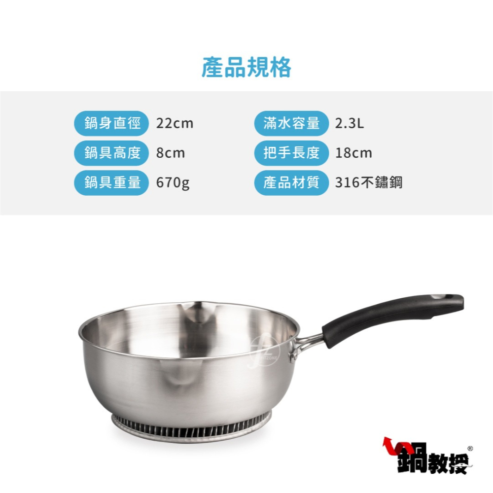 【鍋教授】316不鏽鋼節能單把鍋（22cm）／瓦斯節能鍋／鰭片鍋／高導熱單把鍋／湯鍋-細節圖2
