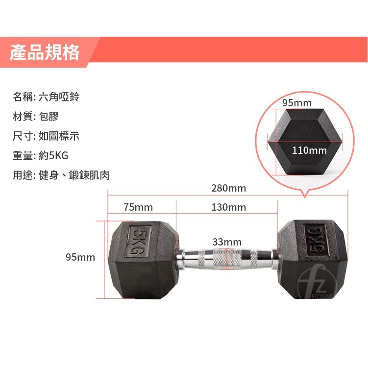 《家用級再進化》包膠高質感六角啞鈴5KG（單支入）／整體啞鈴／重量啞鈴／重量訓練-細節圖2
