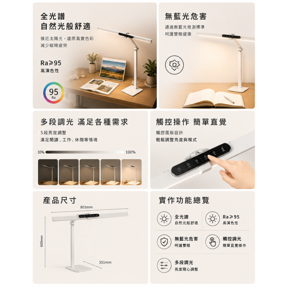 舞光 𝗘𝘆𝗲 𝗛𝗲𝗮𝗹𝘁𝗵 全光譜護眼檯燈 LED 大面積燈罩 無段調光 三段調色 桌夾兩用-細節圖9