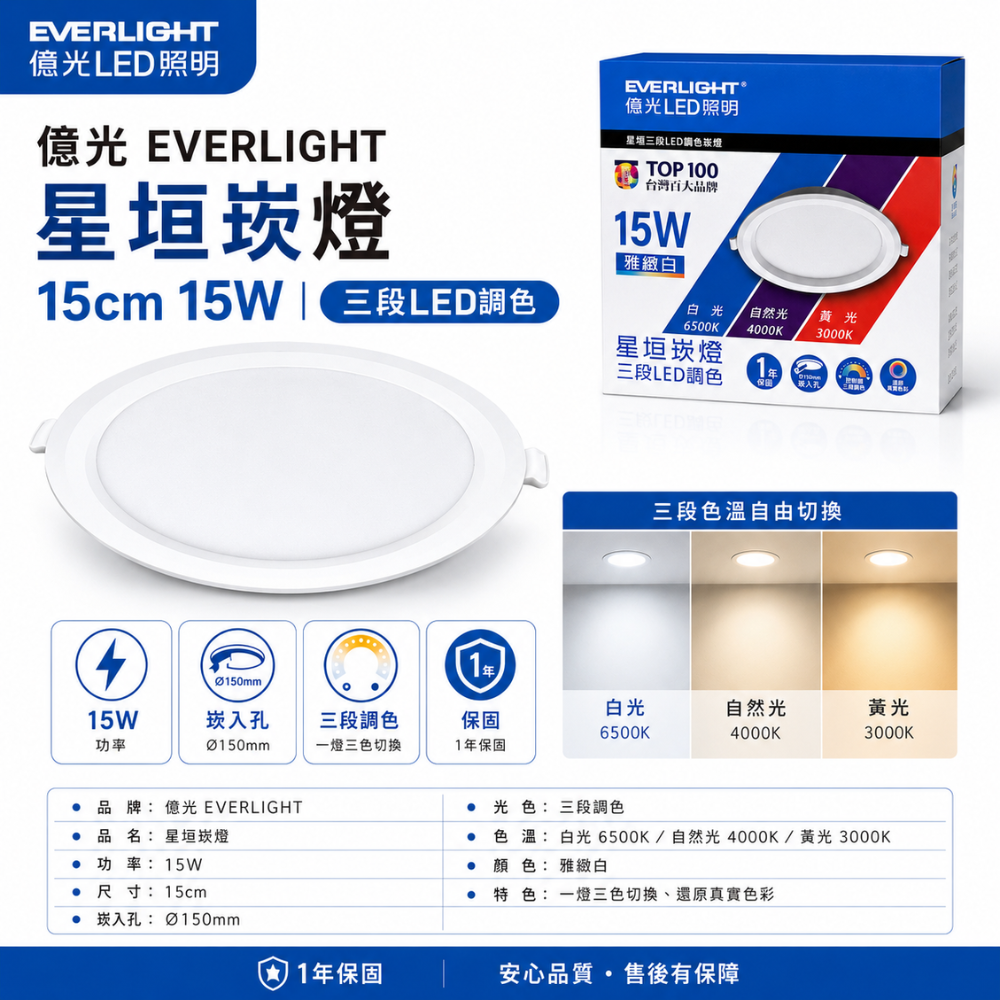 億光 EVERLIGHT 15cn 15W 星垣崁燈 三段LED調色 側邊撥切 1年保固 含稅-細節圖3